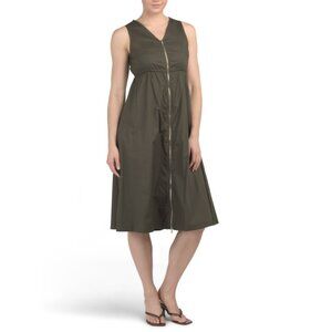 MIAN Army Green Made In Italy Sleeveless Full Front Zip Midi Dress